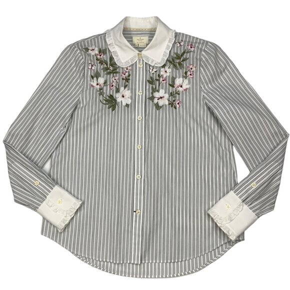 Kate Spade Embroidered Ruffle Top Blouse XS White Black Stripe Floral - Picture 12 of 14